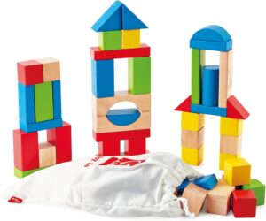 Maple Wood Kids Building Blocks by Hape | Stacking Wooden Block Educational Toy Set for Toddlers, 50 Brightly Colored Pieces in Assorted Shapes and Sizes