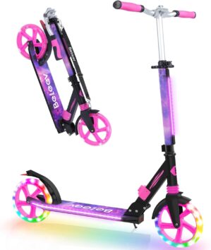 BELEEV V8 Scooter for Kids Ages 6+ with LED Light-Up Stem & Deck, Foldable Big Wheel Scooter with Adjustable Height, Shock Absorption, Carry Strap, 2 Wheel Kick Scooter for Adults, Teens, Up to 220lbs