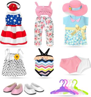 18 inch Doll Clothes and Accessories for American 18 Inch Dolls Girl Clothing Gift, 17Pcs Complete Set Clothing with Outfits, Dress, Shoes, Swimsuit, Underwear, Hat, Headband, Clothes Hangers