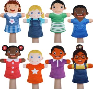 Poen 8 Pcs Hand Puppets Set for Kids Multicultural Hand Puppets Bulk Soft Plush for Toddlers Learning Interaction Suitable for Home Daycare School Classroom Role Play Puppet Theater Shows(Smile)