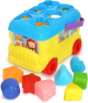 Bus Shape Sorter Toy – Kids Block Sorter with 16 Colorful Shapes – Sorting Toys for Toddlers 1-3 – Creative Play Learning Skills Development