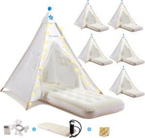 6 Pack Teepee Tent for Kids with Inflatable Airbed, Light, Toddler Tent Children Room Tent, Slumber Party Sleepover Tents, Indoor Outdoor Kids Play Tent Playhouse for Girls & Boys