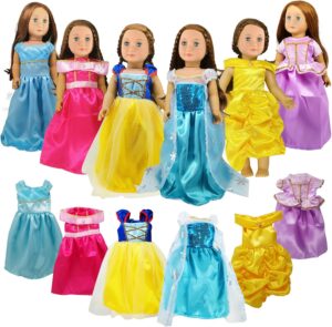 18 inch Doll Clothes Accessories -6Pcs Different Princess Costume Include Bella,Cinderella,Snow White,Rapunzel,Princess Elsa and Aurora Fits All 18 inch Girl Dolls