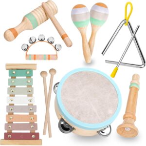 Raimy Musical Instruments Set – Neutral Colors Wooden Montessori Toys Percussion Music Modern Boho Xylophone Birthday Gifts for 1 2 3 Year Old Kids Baby Toddlers Boys Girls with Storage Bag
