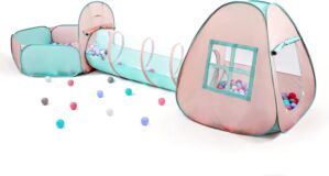 3 in 1 Pop Up Kids Play Tent with Tunnel and Ball Pit for Kids, Boys, Girls, Babies and Toddlers, Indoor/Outdoor Playhouse,Orange Pink/Light Green