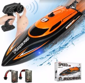 RC Boat with 2 Rechargeable Battery, 20+ MPH Fast Remote Control Boat for Pools and Lakes, 2.4G RC Boats Pool Toys for Adults and Kid (812-Orange)
