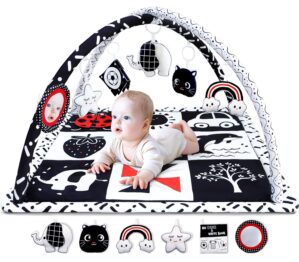Black and White Baby Gym Play Mat with 6 Toys Tummy Time Activity Mat for Babies 0-6 6-12 Months High Contrast Baby Gyms & Playmats Sensory Toys Newborn Brain Development Infant Play Mat Baby Gifts