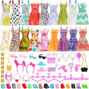 BARWA 53 pcs Doll Clothes and Accessories 10 pcs Party Dresses with 42 pcs Shoes, Crown, Necklace, Hangers, Bags, Accessories for 11.5 inch Doll