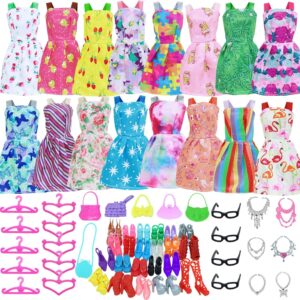 BJDBUS 42 pcs Doll Clothes and Accessories Including 10 pcs Fashion Mini Dresses 32 pcs Shoes, Glasses, Necklaces, Handbag, Hangers Accessories for 11.5 Inch Girl Doll