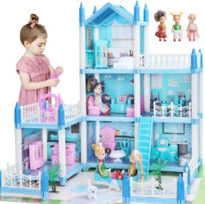 Doll House for Girls 2 3 4 5 6 7 8 Year Old – 3-Story 6 Rooms Dollhouse with 3 Dolls Light Accessories Furniture and Play Mat, DIY Pretend Dream Dollhouse Toy Gift for Kids (20.5” x 16” x 18.7”)