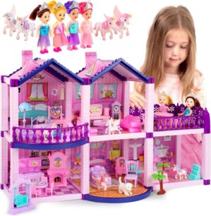 Dollhouse with 4 Princesses, 4 Unicorns, Dog, Furniture and Accessories – Pink and Purple Dream Doll House Toy for Little Girls – 5 Rooms w/Garden, Furniture and Accessories, Gift for Girls Ages 2-7