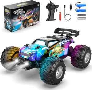 Remote Control Car, All Terrain Remote Control Truck for Boy, 2.4GHz Rc Car with Bodylight and Two Rechargeable Batteries, 20KM/H Monster Truck Toys for Ages 4-7, 8-12