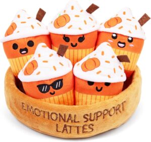 Emotional Support Lattes by Relatable, Fall Plushies Stuffed Animal Toy, Perfect Small Gift for Coffee Lovers, Gift Baskets, and Loved Ones of All Ages, Includes 5 Fall Plushies with Carrying Basket