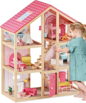 Tiny Land Wooden Dollhouse for Girls – 6 Rooms Wooden Doll House, DIY Pretend Dream House with 30Pcs Furniture Accessories, Gift for Girl Ages 3+