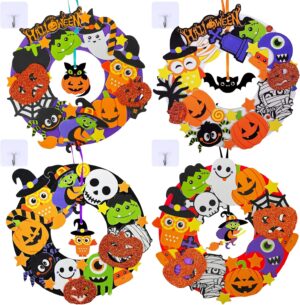 Winlyn 12 Sets Halloween Wreath Decorations Foam Halloween Wreath Signs Craft Kits Pumpkins Jack-O`-Lantern Owl Ghost Witch Bats Monster Stickers for Kids Art Gift Favors Trick-Or-Treaters Front Door
