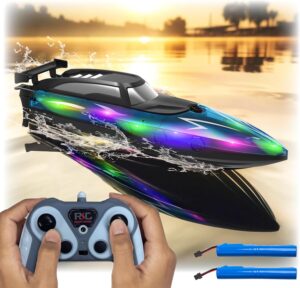 Remote Control Boat for 8-12 and Up – with LED Lights – for Pool and Lake – RC Boats for Kids 8-12 – 2.4 GHZ Remote Controlled Boat- Electric Boat Rechargeable Battery (Blue)