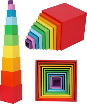 TOWO Wooden Stacking Boxes Rainbow Colours-Nesting and Sorting Cups Blocks for Toddlers-Stacking Cubes Educational Learning Toys for 2 Years Old Montessori Materials