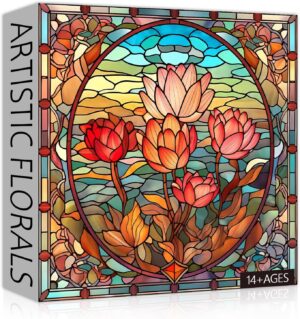 PICKFORU Stained Glass Flower Puzzles for Adults 1000 Pieces, Vintage Art Puzzles Floral, Impossible Hard Challenging Puzzles for Adults, Colorful Stained Glass Jigsaw Puzzle