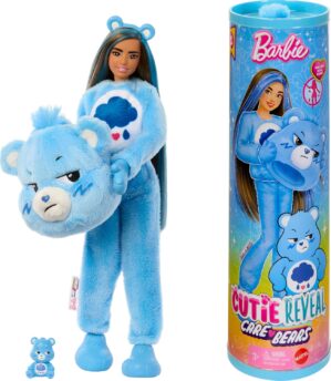 Barbie Cutie Reveal Doll & Accessories, Care Bears Series, Fashion Doll with Grumpy Bear Costume & 10 Surprises Including Color Change & Mini Bear