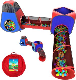 Playz 4pc Pop Up Play Tent and Tunnel Bundle for Toddlers and Kids – Indoor & Outdoor Playhouse With Storage Bag, Red & Blue