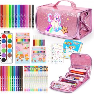 Unicorn Markers Set, 74 Pcs Fruit Scented Unicorn Painting Gfits Art Supplies for Kids Girls 4 5 6 7 8 10 Years Old Girls Coloring Arts & Crafts Markers Sets with Unicorn Pencil Case, Crayons,Stickers