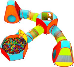 Playz 7pc Kids Play Tent with 1 Big Ball Pit for Babies, 3 Play Tunnel for Toddlers, and 3 Pop Up Tents Playhouse Bundle, Best Birthday Gift for Boys & Girls, Indoor & Outdoor Use Portable Play Center