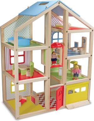 Melissa & Doug Hi-Rise Wooden Dollhouse With 15 pcs Furniture – Garage and Working Elevator