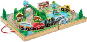 Melissa & Doug 17-Piece Wooden Take-Along Tabletop Railroad, 3 Trains, Truck, Play Pieces, Bridge – FSC Certified