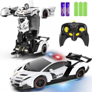 FDJ Remote Control Car – Transform Toys Car Robot, One Button Deformation to Robot with Flashing Light, 2.4Ghz 1:18 Scale Transforming Police Car Kids Toys with 360 Degree Rotating, Girls Boys Toys