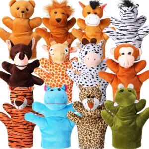 Hungdao 12 Pieces Hand Puppet Zoo Animal Plush Puppets Cute Animal Hand Puppets Plush Pretend Toys Educational Toys with Tiger Lion Bear Leopard Design for Telling Story Teaching Role Play(Cute)