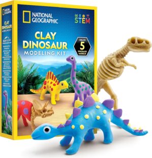 NATIONAL GEOGRAPHIC Clay Dinosaur Arts & Crafts Kit – Dinosaur Air Dry Clay for Kids Craft Kit with 5 Clay Colors, 5 Dino Skeletons, Sculpting Tool & Googly Eyes, Dinosaur Activity