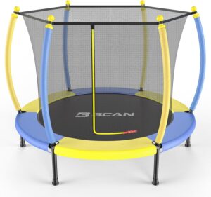BCAN 60”/48″ Mini Trampoline for Ages 1 to 8 Kid, 5FT Toddler Trampoline – Indoor/Outdoor Use with Enclosure Net, Foam Handle, Adjustable Gymnastics Bars, Basketball Hoop, Gifts for Boys & Girls