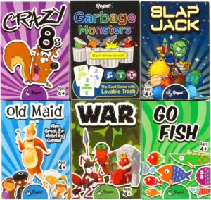 Regal Games Card Games for Kids – Go Fish, Crazy 8’s, Old Maid, Slap Jack, Garbage Monster, War – Simple & Fun Classic Family Table Games – Games May Vary (6 Set)