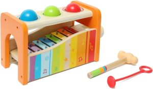 Hape Pound & Tap Bench with Slide Out Xylophone – Award Winning Durable Wooden Musical Pounding Toy for Toddlers,Yellow