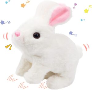Hopearl Hopping Rabbit Interactive Electronic Pet Plush Bunny Toy with Sounds and Movements Animated Walking Wiggle Ears Twitch Nose Gift for Toddlers Birthday, White, 7”