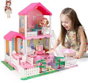 Mini Tudou Dollhouse for Girls, Doll House with Lights, Play Mat and Dolls, DIY Building Pretend Play House with Accessories Furniture and Household Items,Playhouse for Girls 3-12 (3 Rooms)