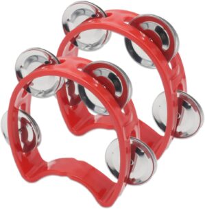 Pack of 2 Plastic Percussion Handheld Tambourines with 4 Jingle Bells, Red Mini Hand Bell Percussion, Musical Rhythm Instruments for Kids, Adults, School and Party