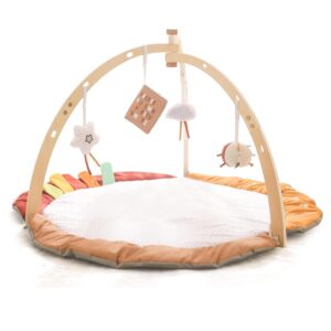 bopoobo Baby Gym Play Mat, Tummy Time Mat Wooden Play Gym with 4 Toys, Washable Baby Activity Play Mat for Visual, Hearing, Sensory, Motor Development, Baby Toys Gift for Toddler Infant
