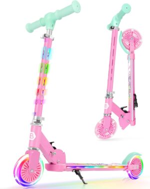 BELEEV V3 Scooter for Kids with Light-Up Wheels & Stem & Deck, 2 Wheel Folding Scooter for Girls Boys, 4 Adjustable Height, Lightweight Kick Scooter with Handy Kickstand for Children Ages 3-12