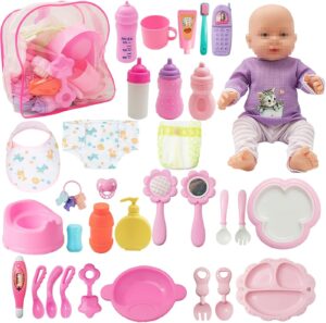 SOTOGO 34 Pieces Baby Doll Care Set Doll Feeding and Changing Accessories Set Baby Doll Accessories in Bag, Without Doll