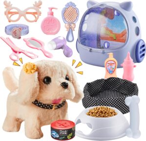 Toy Dog for Kids, Girls Interactive Plush Stuffed Toys Dog that Walk and Bark,16 pcs Electronic Puppy Pet Care Pretend Playset w/ Backpack, Groom & Feed Toys, Gifts for Girls 3-5 5-7 6-8 8-12