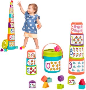 Battat – Nesting Sorter Set – 19Pc Stacking Bucket Sort Set – 10 Cups & 8 Shapes – Educational & Dexterity Toys – 18 Months + – Sort & Stack