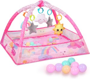 Baby Gym Play Mat, Tummy Time Mat & Ball Pit with 5 Toys, Washable Baby Activity Play Mat Sensory Exploration Motor Skill Development for Newborn Infant Baby Toddlers Infant 0-3-6-9-12 Month