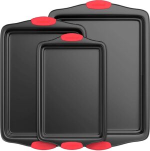 NutriChef 3-Piece Nonstick Kitchen Oven Baking Pans – Premium & Stylish Non-Stick Steel, Commercial Grade Restaurant Quality Metal Bakeware with Red Silicone Handles – Easy to Clean, NCSBS3S