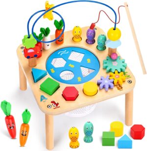 oathx Activity Table for 1 Year Old, 6 in 1 Wooden Montessori Activity Center with Bead Maze Shape Sorter Fishing Game, Kids Sensory Play Table Toddler Toys 1st Birthday Gifts Boy Girl