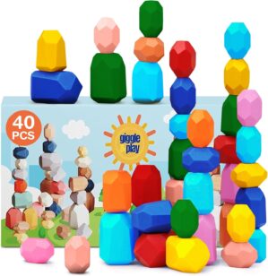 Giggle & Play – 40 Pcs Wooden Stacking Stones Set, Montessori Toys for 3+ Year Old, Stacking Blocks for Fine Motor Skills & Creativity, Multicolor Playset for Toddlers & Kids, Free Storage Bag