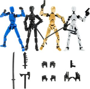 4PCS Assembled Titan T13 Action Figures Set Lucky Dummy Nova 13 Action Figure Robot Stick Figures Fidget Toys for Boys Multi Movable Joints Gifts Toys for Kids (Golden+White+Blue+Black)