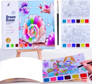 JUNQIU Watercolor Coloring Books for Kids Ages 4-8, Pocket Watercolor Painting Book for Toddlers, Arts and Crafts for Girls Boys, Water Colors Paint Kids