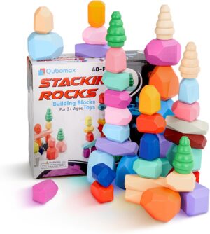 40 Pcs Wooden Stacking Rocks & Sensory Learning Toys for Ages 3-9 | Develops Motor Skills & Creativity for Girl or Boy – Stacking Blocks for Birthday Gift