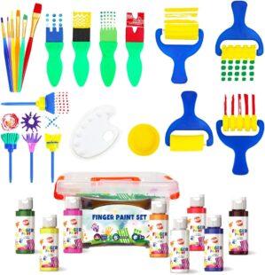 Early Learning Kids Paint Set Washable Finger Paint with Assorted Painting Brushes Sponges Portable Case for Kids Toddlers Drawing Gifts Age 3+